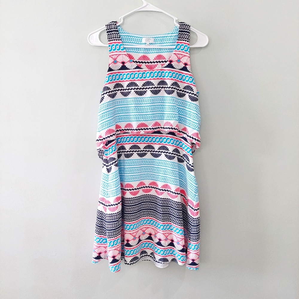Crown & Ivy dress size 6 white blue pink design sleeveless scoop neck
